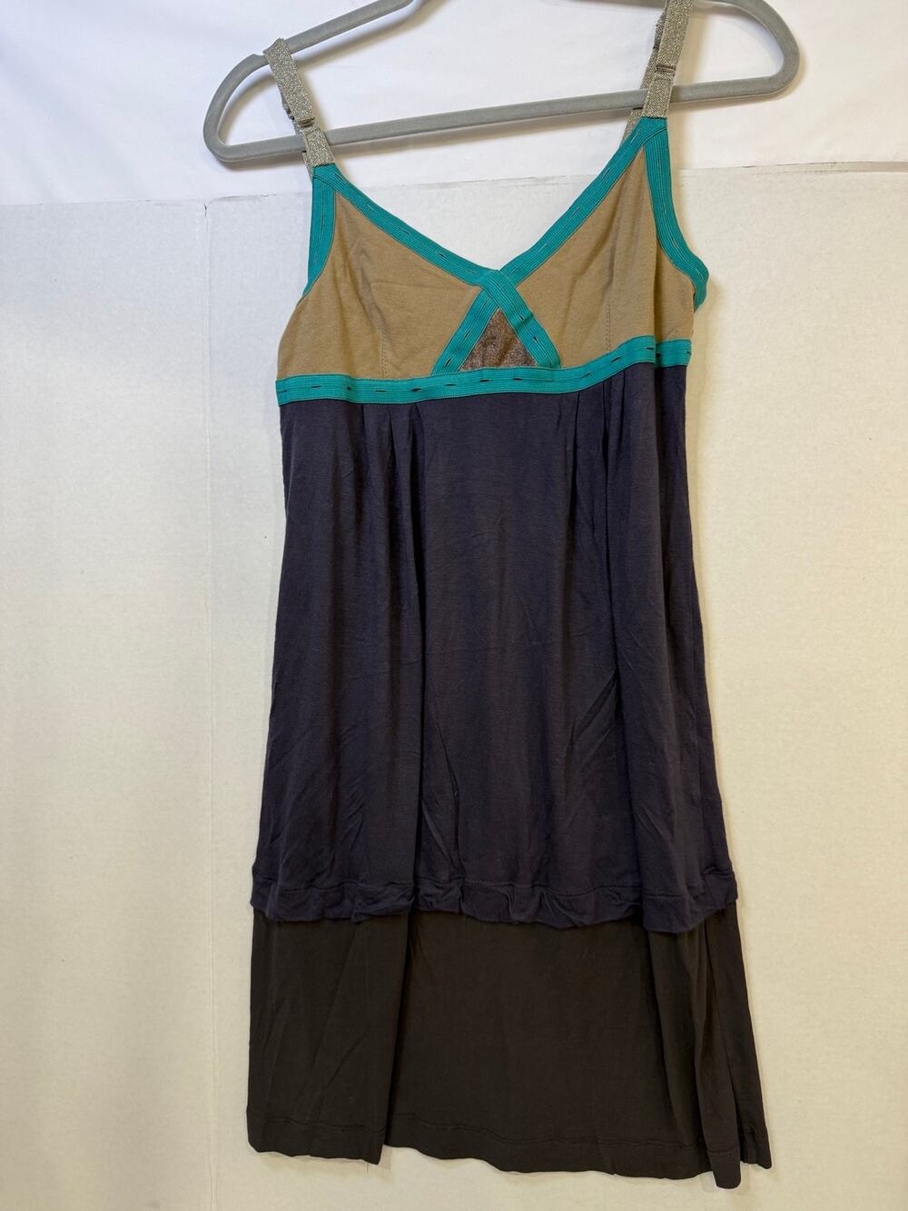 VPL Layered Mesh Camisole Tank Dress Navy Tan Turquoise Strappy M USA